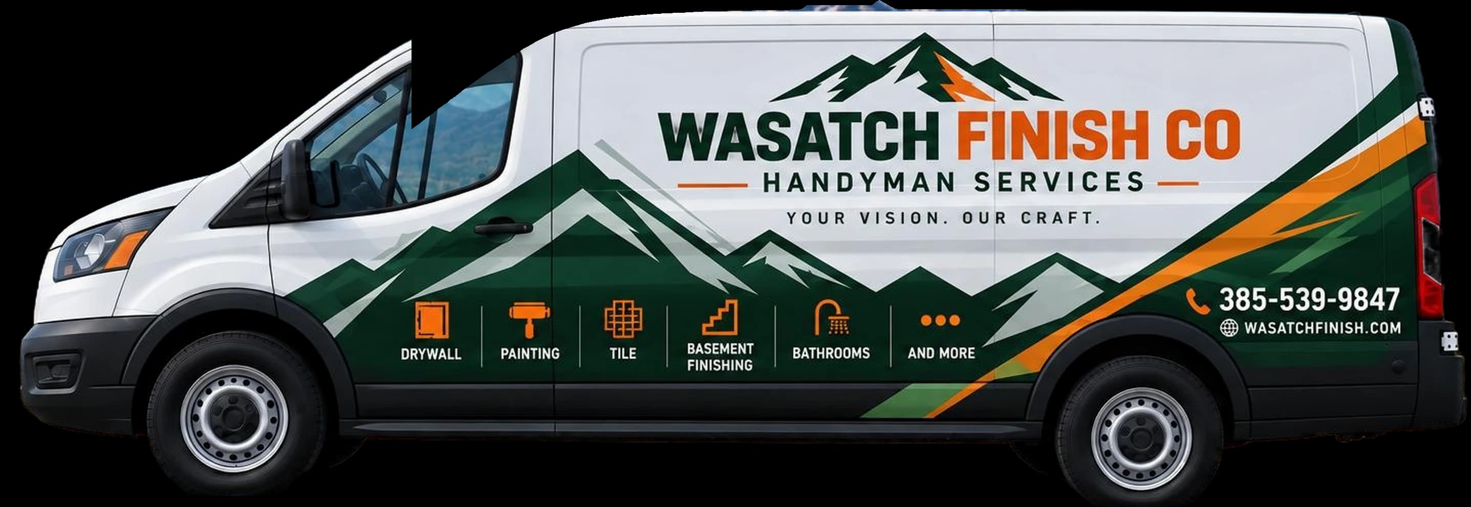 White Ford Transit van with the Wasatch Finish wrap
